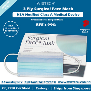 Gradient Wistech 3 Ply Surgical Face Mask, 50 pieces, HSA Notified Class A Medical Device BFE 99% Mask