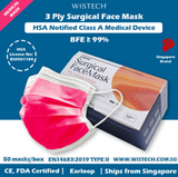 Wistech 3 Ply Surgical Mask, 50 pcs, HSA Notified Medical Device, FDA CE Approved, Delivery from Singapore