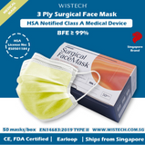 Wistech 3 Ply Surgical Mask, 50 pcs, HSA Notified Medical Device, FDA CE Approved, Delivery from Singapore
